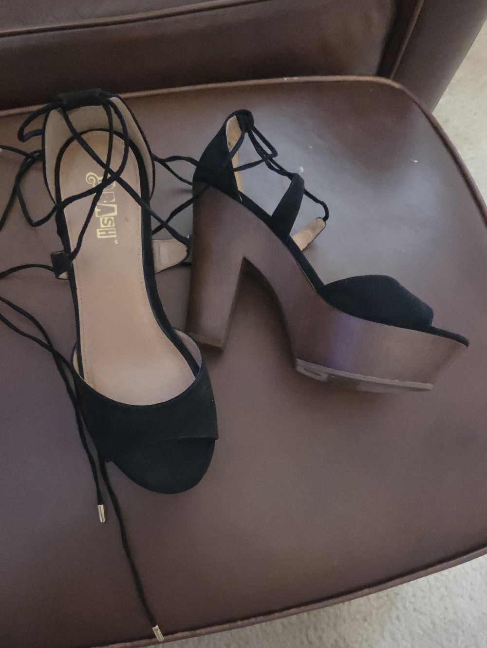 Brash Black Lace-Up Platform Heels with Brown Wood-Look Sole